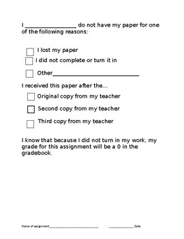 Missing Work Form by Liz Sellers Teachers Pay Teachers