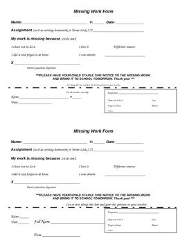 Missing Work Form for Students by Vanessa M TPT