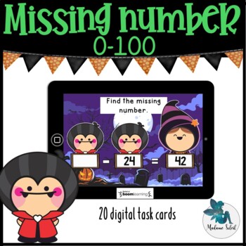 Preview of Missing number to 100 Halloween : BOOM CARDS Distance learning
