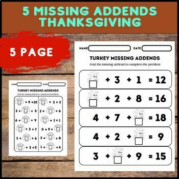 Preview of Missing addends - Math Practice Worksheets for 1st and 2nd Grad for thanksgiving