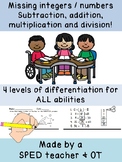 Missing integers / numbers : subtraction, addition, multip