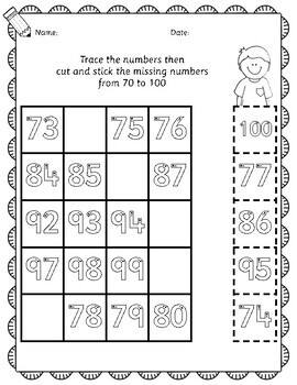 maths missing numbers cut and stick 1 100 kindergarten worksheets