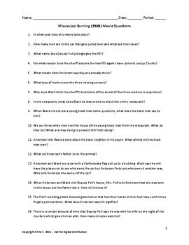 Preview of Mississippi Burning Movie Questions with ANSWERS | MOVIE GUIDE Worksheet