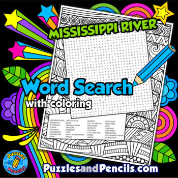 Preview of Mississippi River Word Search Puzzle Activity & Coloring | Rivers of the World