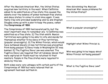 Missouri Compromise, Compromise of 1850, Kansas Nebraska Act | TpT