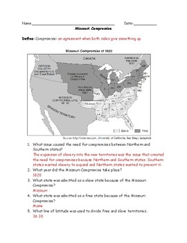 Missouri Compromise Map Worksheet and Answer Key by Social Studies Sheets