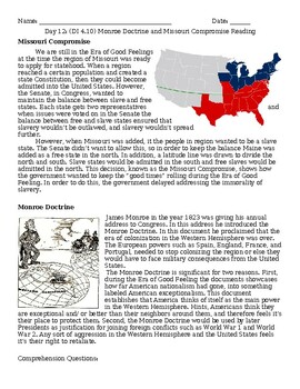 Preview of Missouri Compromise and Monroe Doctrine Reading and Activity