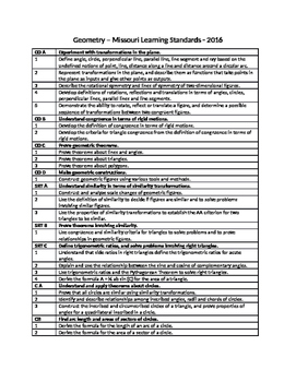 Preview of Missouri Learning Standards - Geometry - Word Doc - Table - 2016