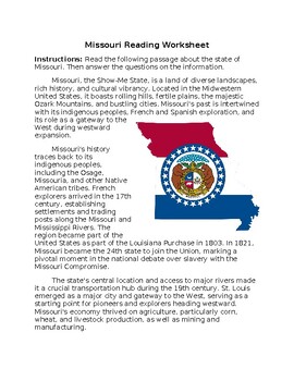 Preview of Missouri State Profile & History Reading Worksheet w/Answer Key **Editable**