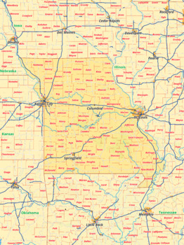 Preview of Missouri map with cities township counties rivers roads labeled