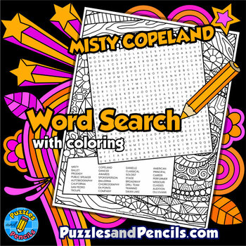 Preview of Misty Copeland Word Search Puzzle with Coloring | Black History Month Wordsearch