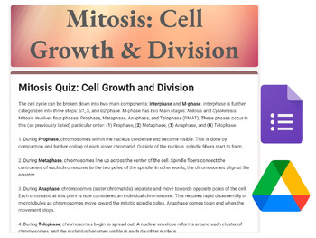Preview of Mitosis: Cell Cycle Google Form Assessment Quiz w/ Answer Key
