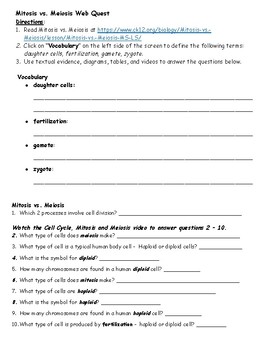 Preview of Mitosis and Meiosis Webquest Level 2