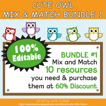 Preview of Mix & Match - Cute Owl Classroom Theme Bundle #1 - 100% Editable