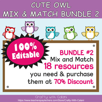 Preview of Mix & Match - Cute Owl Classroom Theme Bundle #2 - 100% Editable