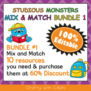 Preview of Mix & Match - Studious Monsters Classroom Theme Bundle #1 - 100% Editable