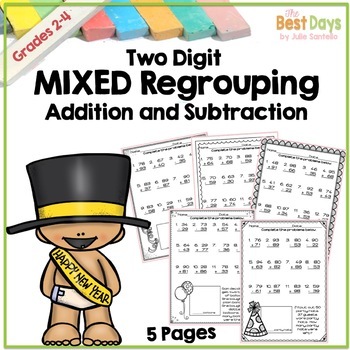 Preview of Mid Year Math Review Mixed 2 Digit Regrouping: New Years Theme