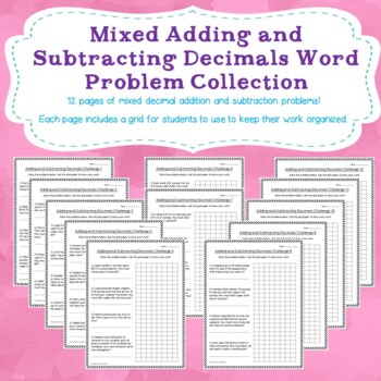 Preview of Mixed Adding and Subtracting Decimals Word Problems Worksheet Set (With Grids)