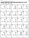 Mixed Addition and Subtraction to 20 Worksheets