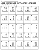 Mixed Addition and Subtraction within 100 Worksheets