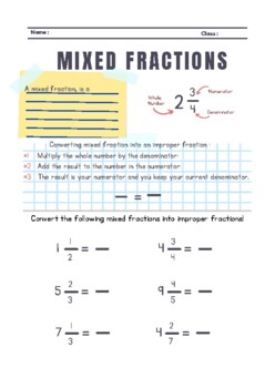 Preview of Mixed Fraction Math Worksheet & Teachers Notes/Key