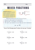 Mixed Fraction Math Worksheet & Teachers Notes/Key