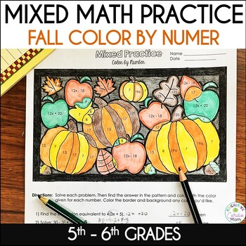 Preview of Mixed Math Review Fall Color by Number for 5th 6th Grade Math