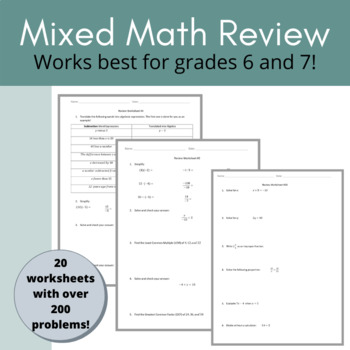 Preview of Mixed Math Review for 6th, 7th, 8th Grade - 20 Worksheets w/ Over 200 Problems