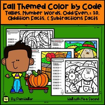 Preview of Mixed Math Skills Fall Themed Color by Code Grade 1 and 2