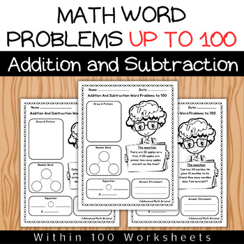 Preview of Mixed Math Word Problems Addition and Subtraction Within 100 Worksheets up to100
