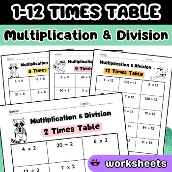 Preview of 2-12 Times Table Multiplication & Division Practice Worksheets