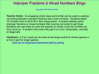 Preview of Mixed Number & Improper Fraction Conversion Bingo for the SMARTboard