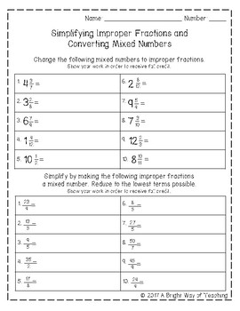 Preview of Mixed Number and Improper Fraction Handout