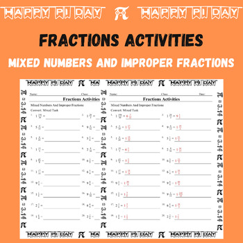 Preview of Mixed Numbers And Improper Fractions Activities - Pi Day Worksheet No Prep