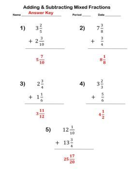 adding and subtracting mixed numbers fractions worksheet and answer key