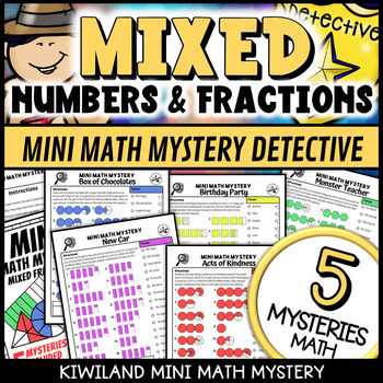 Preview of Mixed Numbers and Fractions Mini Math Mystery Detective Worksheets & Activities