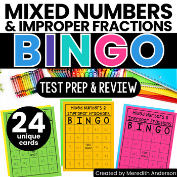 Preview of Mixed Numbers and Improper Fractions Bingo Game Math Test Prep and Review