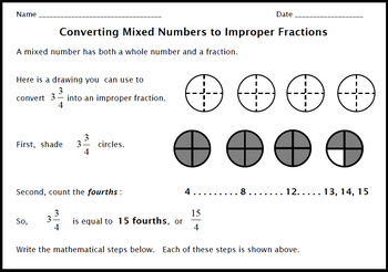 mixed numbers improper fractions converting by shading regions