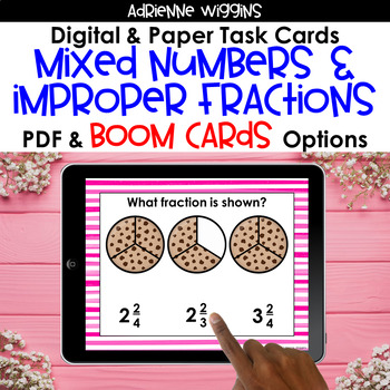 Preview of Mixed Numbers and Improper Fractions BOOM Cards & Task Cards Distance Learning