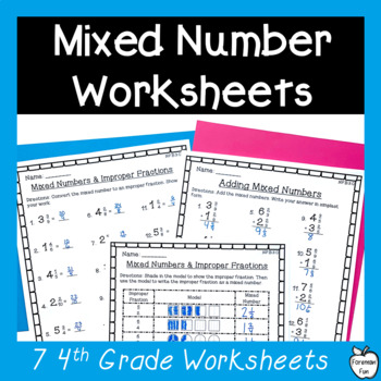 Preview of Improper Fractions to Mixed Numbers Worksheets - 4th Grade Fraction Practice