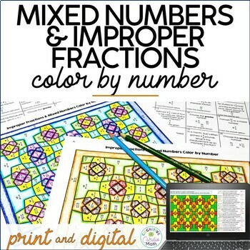 Preview of Improper Fractions to Mixed Numbers Color by Number Math Coloring Sheets