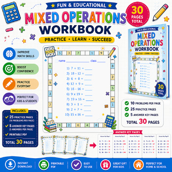 Preview of Mixed Operations Math Worksheets | 30 Printable Pages | Basic Math Practice