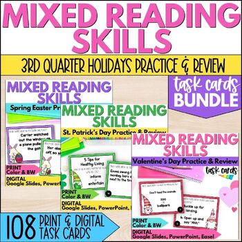 Preview of Mixed Reading Skills Task Cards - 3rd Qtr - Valentine's, St. Patrick's, & Easter