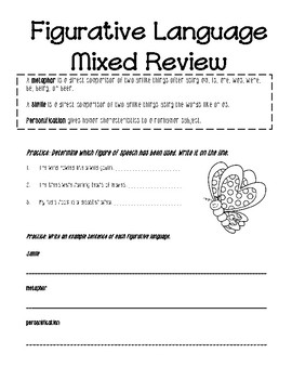 Mixed Review #1 for simile, metaphors, and personification worksheet