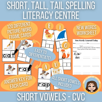 Preview of Mixed Short Vowel CVC Spelling With Word Frames | Literacy Centre & Worksheet