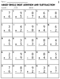 Mixed Single Digit Addition and Subtraction Worksheets