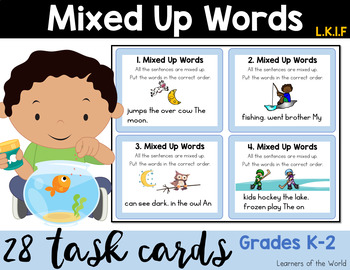 Preview of Mixed Up Words Scoot Task Cards L.K.1.F (Expanding Sentences)