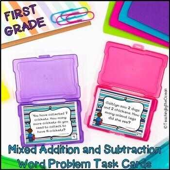 Mixed addition and subtraction word Problem Task Cards - First Grade