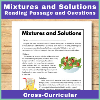 Preview of Mixtures and Solutions Reading Comprehension Passage and Questions plus Activity