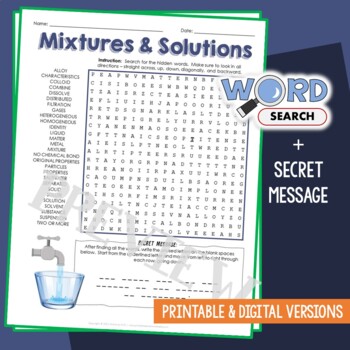 Preview of Mixtures and Solutions Word Search Puzzle Vocabulary Activity Review Worksheet